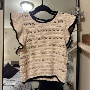 Cream Crochet Top with Black Trim